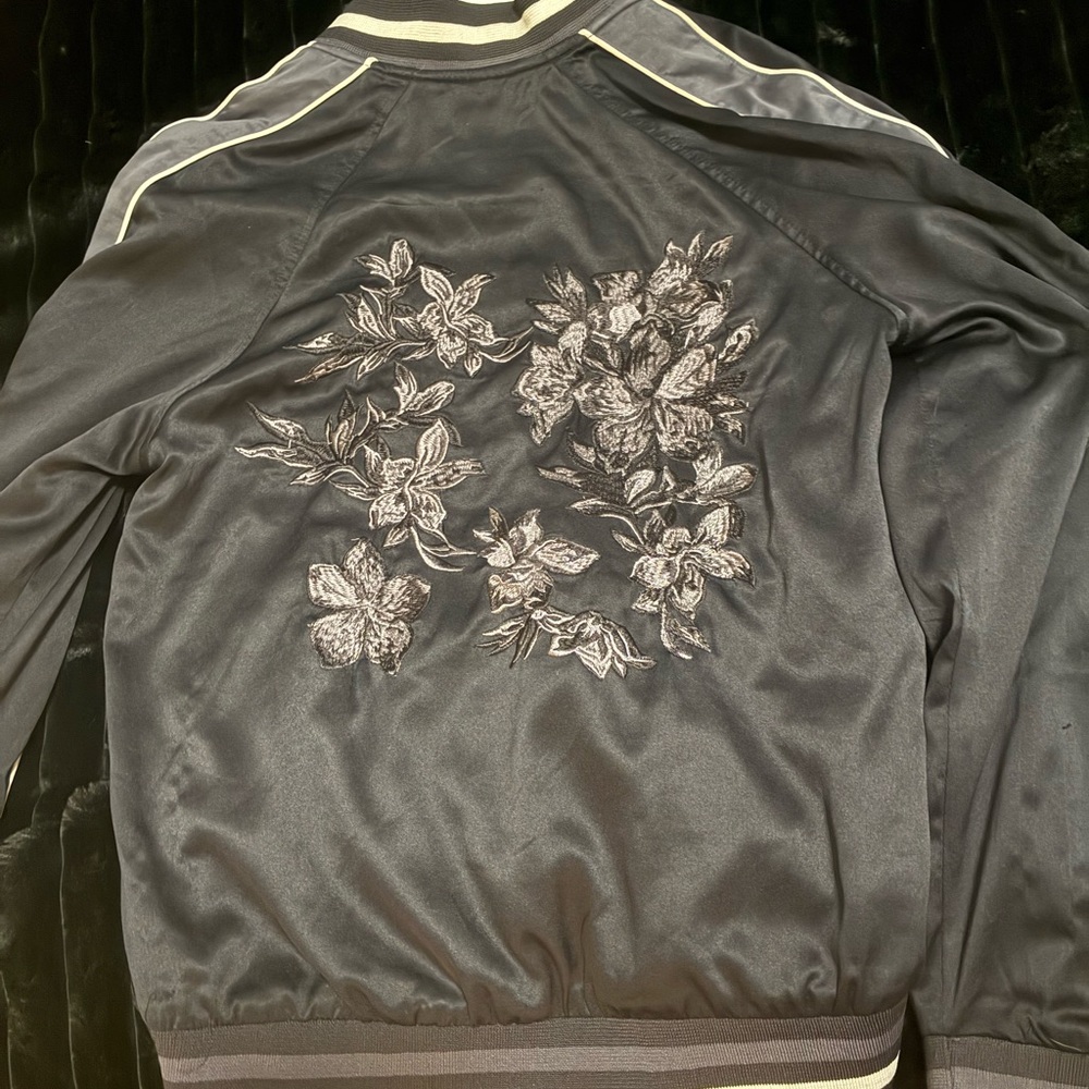 Floral Embroidered H&M Black Bomber Jacket